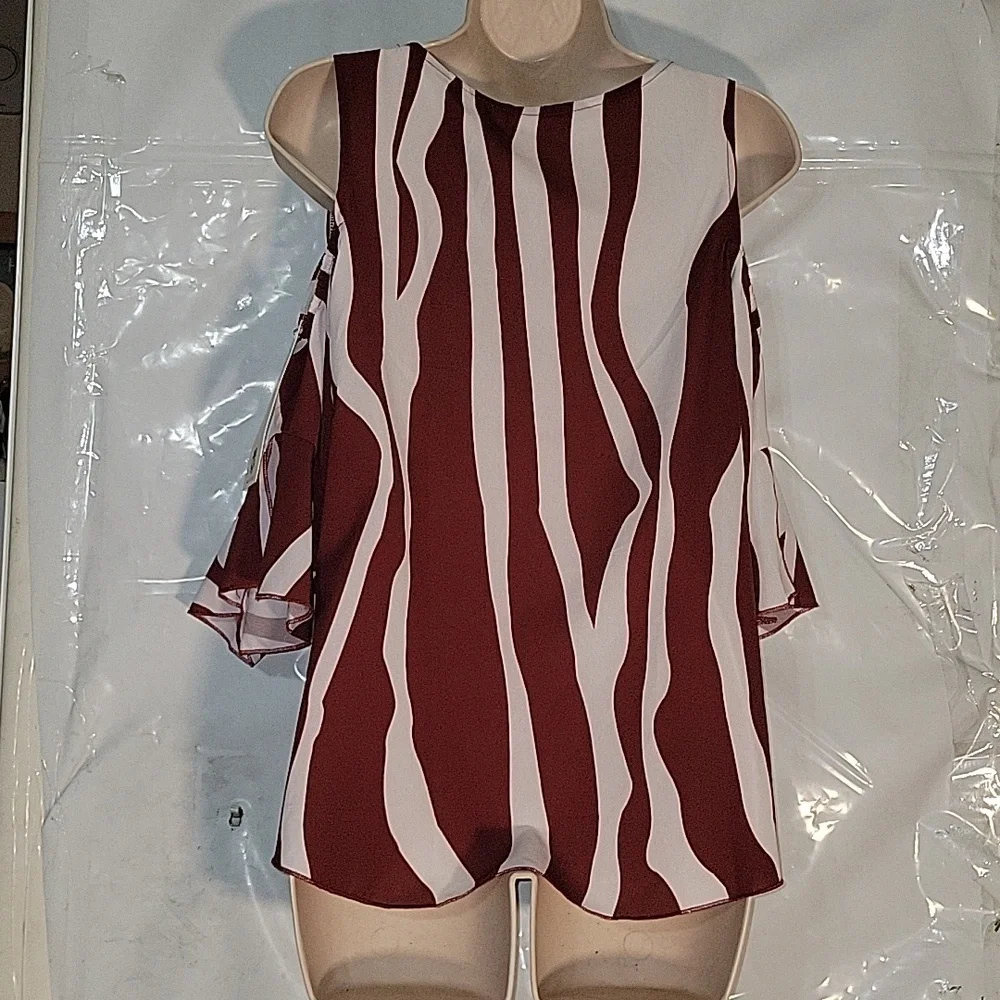 Wildfox NEW Burgundy White Striped Cold Shoulder Bell Sleeve Front Tie Top Small